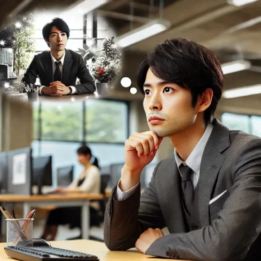 【相談：画像生成】27歳会社員、男性、起業したい。悩んでいる。毎日をつまらなく生きている。真面目に働いている。将来は起業。内容の画像を作成してください。